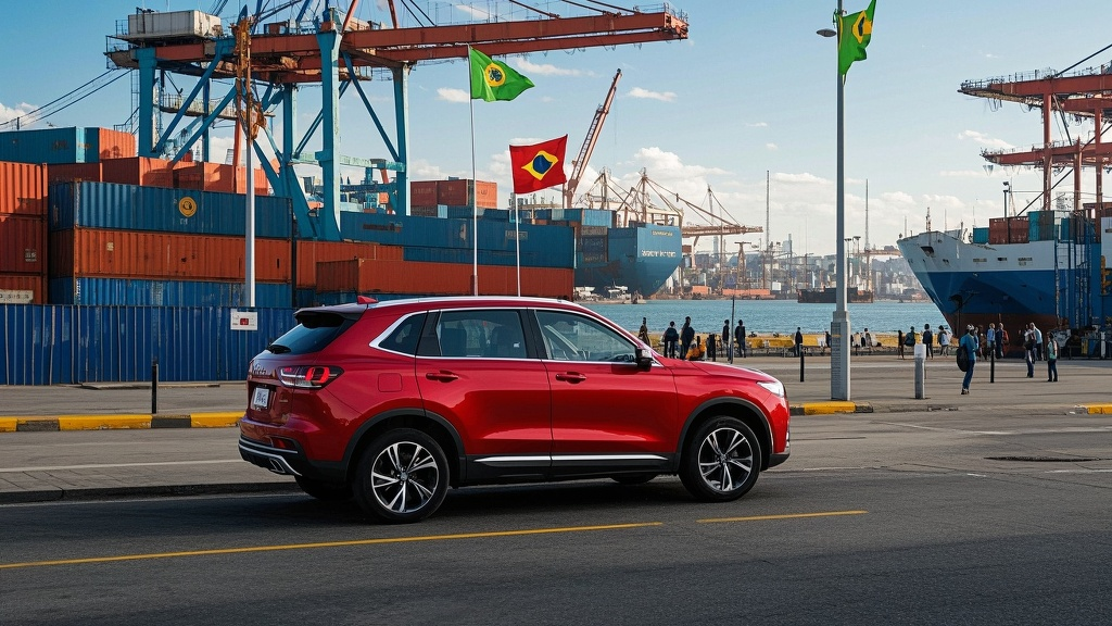Haval H6 2023 export flow from Guangzhou to Santos via sea freight, highlighting CIF and customs steps